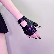 Adjustable Black Faux Leather Half Finger Gloves - Warm, Non-Stretch, Suitable For Cycling, Performance And Cosplay