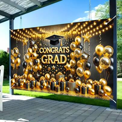 1 Festive Graduation Party Banner - "Congratulations To The Graduates" With Hat And Diploma Design, Polyester, Gold Balloons And Confetti Background - Perfect For Commemorative Photos And Outdoor Celebration Banners, Booth Props, Event Party Supplies
