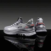 Spring And Summer Men's Fashion Sports Shoes, Breathable And Wear-Resistant Soft-Soled Running Shoes, Niche Letter Printing Breathable Tennis Shoes - 灰色 - 查看 4