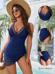 Women One Piece Swim Dress Tummy Control Swimsuits Slimming Mesh Sheer Sarong Wraps Bathing Suit - 藍色 - 查看 3