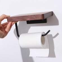1pc Toilet Paper Holder With Natural Walnut Wooden Shelf Tissue Roll Hanger Wall Mounted Paper Towel Bar 304 Stainless Steel Paper