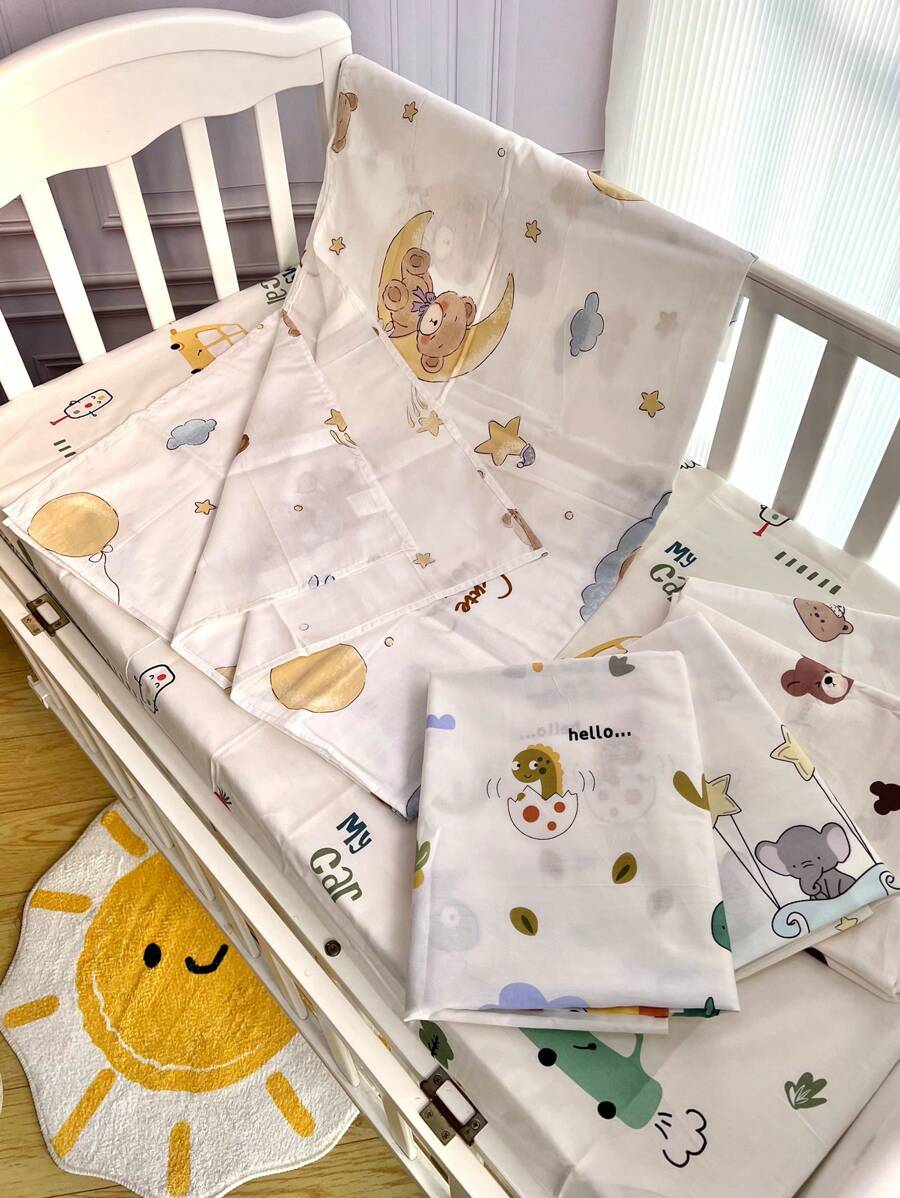 1pc Cotton Soft & Breathable Fitted Sheet With Animal Print, Suitable For Baby Crib, Bassinet, Oval And Rectangular Mattresses, For Infant Boys And Girls, All Seasons