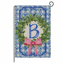 1pc, Chinoiserie Garden Flag, Name Initial Flags, Chinoiserie & Bow Flags, Boxwood Wreath, Yard Family Last Name Flag, 12x18 Inches, Perfect For Thanksgiving, Christmas, And New Year Outdoor Decorations, Home And Scene Decor, No Flagpole Included