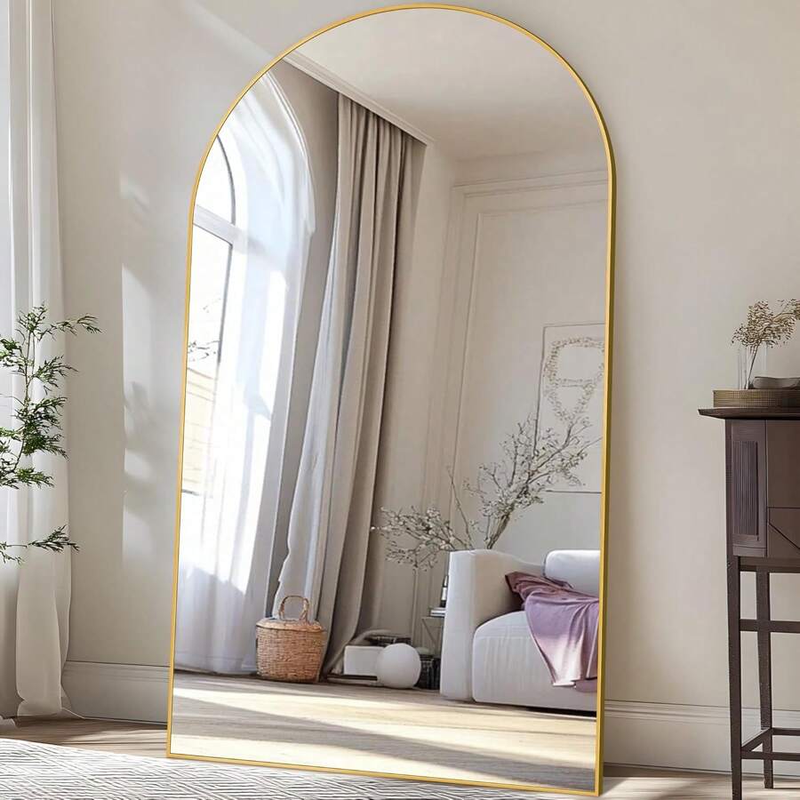 Furnbar Full Length Mirror Arched Floor Mirror Freestanding Full Body Oversized Floor Free Standing Leaning Hanging Mounted Aluminum Alloy Frame Floor Mirror For Bedroom Cloakroom Living Room - Vàng - Xem 1