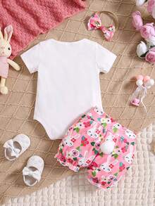 Conjunto de 3 piezas de Pascua para bebé niña, mono de manga corta con estampado de conejito, pantalones cortos de flores y diadema con lazo - Blanco - Ver 2