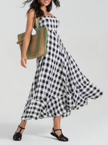 Women Summer Sleeveless Dress Casual Plaid Print Spaghetti Strap A-Line Party Dresses - 黑色 - 查看 4