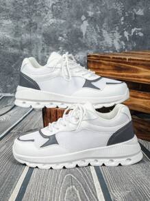 New Fashionable Versatile Men's White Shoes With Dark Gray Accent Design, Blogger Recommended Comfortable Casual Shoes, Convenient Lace-Up, Round Toe, Minimalist Outdoor Couple Shoes, Suitable For Party, Date, School, Gym, Campus, Daily Commute, Sports, Work, Gift - Білий - Переглянути 2