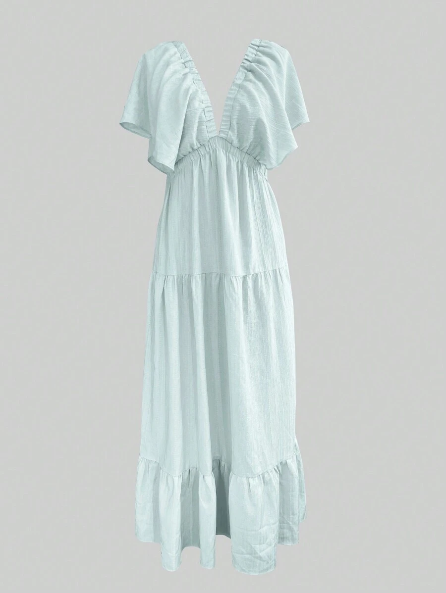 Women's Summer Deep V-Neck Backless Flare Sleeve Flowy Beach Maxi Dress, Casual Vacation