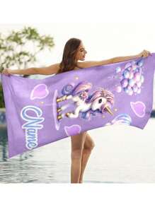 1 szt. Spersonalizowany tekst Ręcznik plażowy, Fioletowy koc plażowy z nadrukiem balonu na gorące powietrze i jednorożca, Super chłonny ręcznik do pływania, Wygodny ręcznik plażowy, Modny ręcznik basenowy, Delikatna mata do jogi, Akcesorium plażowe, Idealny prezent na święta, Dostępny w różnych rozmiarach, Nadaje się do pływania, kempingu i podróży, Prezent walentynkowy dla kobiet Urodziny Chłopak Dziewczyna Lato Wystrój łazienki Podstawowe elementy plaży