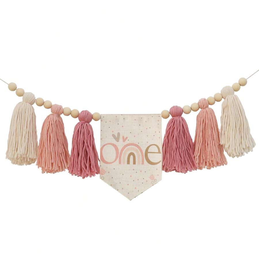 1 Estandarte Feito à Mão em Estilo Boêmio com Borlas Arco-Íris Rosa, Adequado para Decoração de Festa de Aniversário, Decoração de Cadeira Alta, Decoração de Quarto
