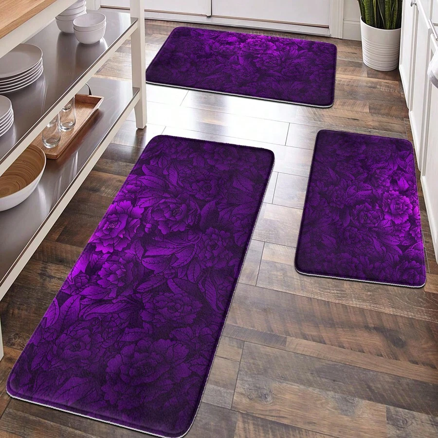 1pc Floral Pattern Bath Mat, Soft Plush Fabric Surface, Home Decorative Anti-Fatigue Floor Mat For Bathroom, Kitchen, Entryway, Classic Luxury Style, Comfortable Underfoot, Relieve Foot Fatigue Home Bathroom Decor Bath Rug Floor Carpet Outdoor Rug Door Mat Fall Decor Bathroom Accessories Back To School Entryway Decor - Purple - View 1