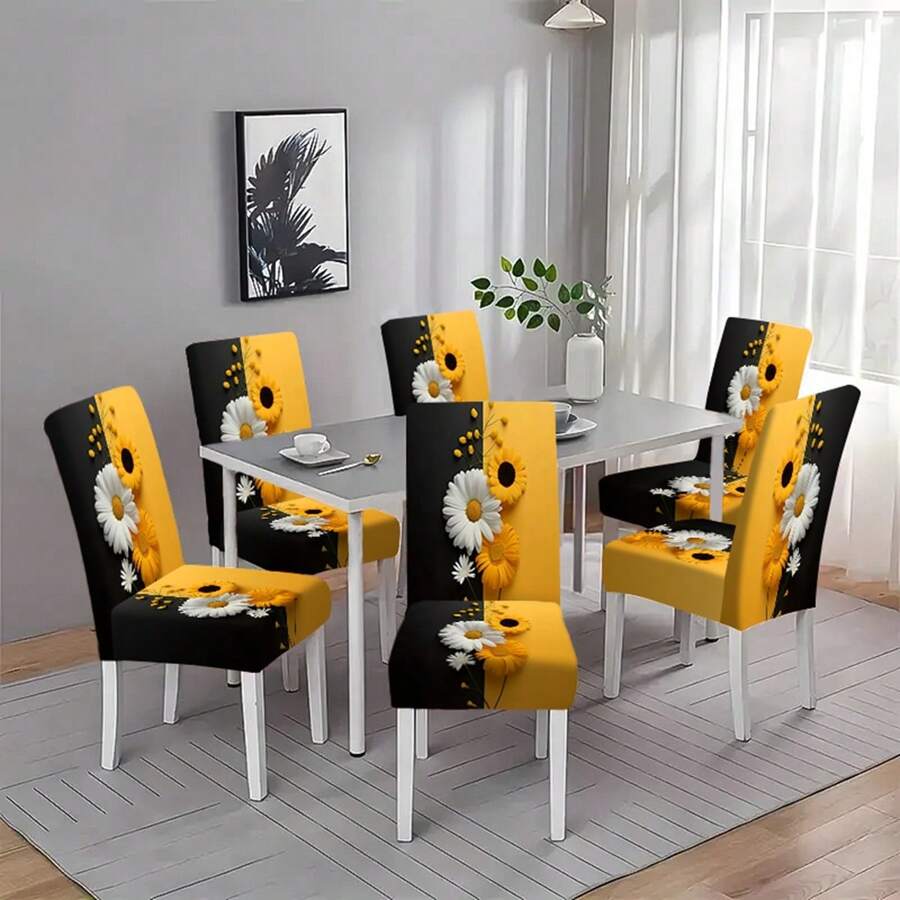 2/4/6pcs Black And Yellow Stretchable Chair Covers, Classic Daisy Print Pattern Polyester Removable Washable High Elastic Chair Cover, For Home, Office, Restaurant, Banquet Decoration - Multifunctional Furniture Protector - Multicolor - View 1
