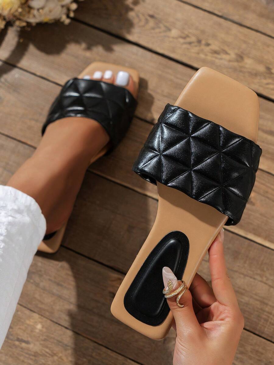 Women's Summer Square Toe Lattice Pattern Flat Sandals, Casual Fashion Versatile All-Match Slip-On Slide Slippers, Can Be Worn Indoors & Outdoors