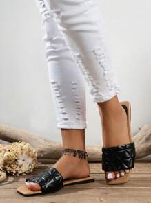 Women's Summer Square Toe Lattice Pattern Flat Sandals, Casual Fashion Versatile All-Match Slip-On Slide Slippers, Can Be Worn Indoors & Outdoors