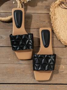 Women's Summer Square Toe Lattice Pattern Flat Sandals, Casual Fashion Versatile All-Match Slip-On Slide Slippers, Can Be Worn Indoors & Outdoors