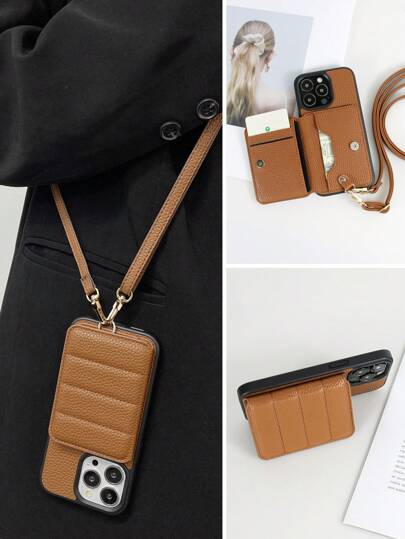 1 قطعة حافظة بطاقات من الجلد مع حزام، متوافقة مع هواتف آيفون 11 12 13 14 15 16 بلس برو ماكس، مقاومة للماء والصدمات وخدش السطح