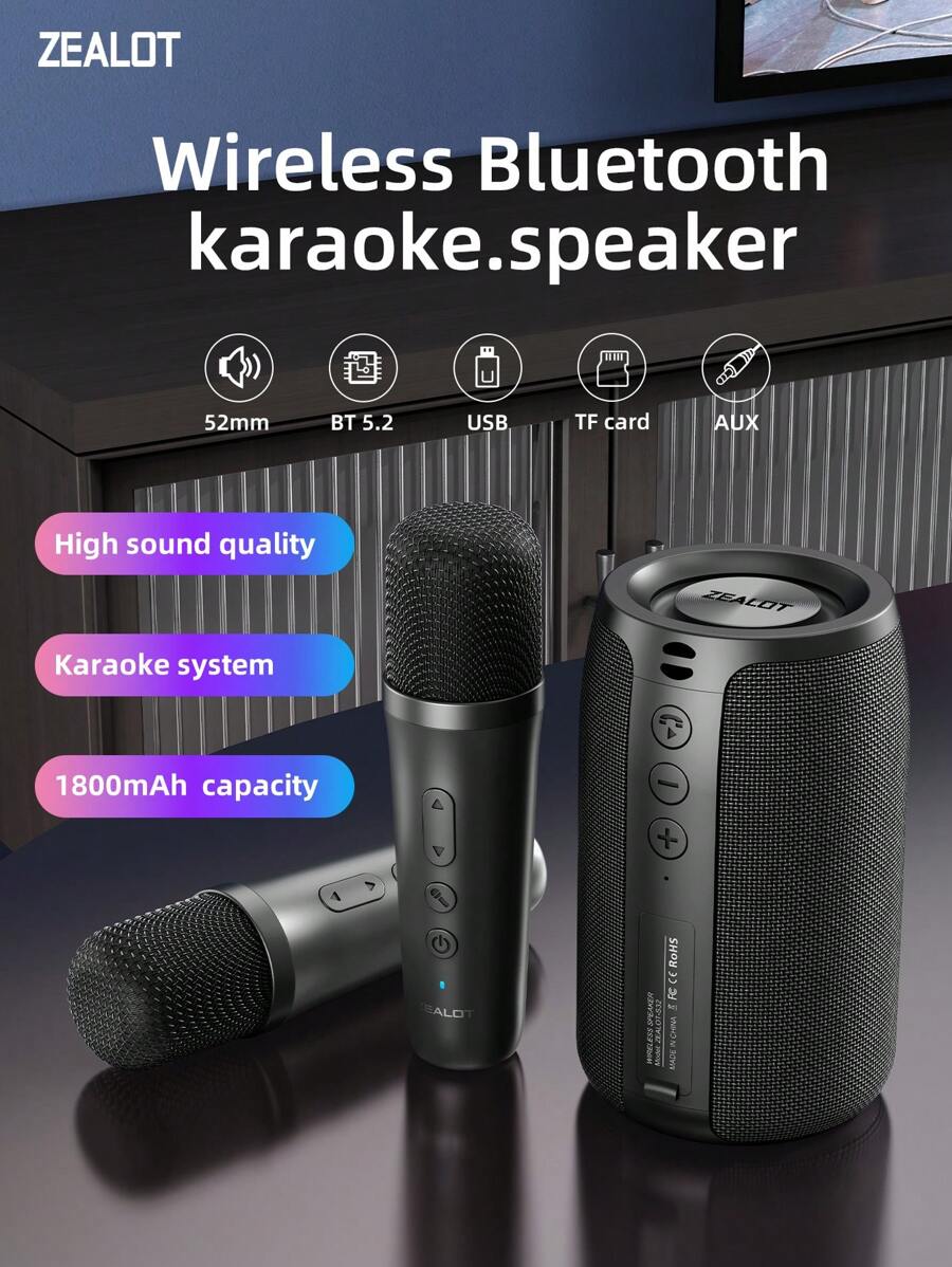 ZEALOT S32 Microfono senza fili portatile e altoparlante, altoparlante senza fili impermeabile IPX5 da 10W con bassi ultra profondi, batteria da 1800mAh, 8 ore di audio stereo di alta qualità, compatibile con scheda SD/USB/AUX/connessione in serie, può connettersi a smartphone/tablet/computer/TV, adatto per uso esterno/domestico