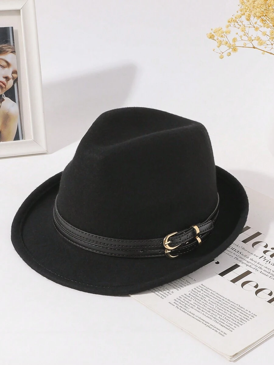 LEAJOURNO. 1pc Women's Autumn/Winter New Vintage British Style Wool Felt Hat With Leather Belt, Fashionable Jazz Hat - Multicolor - View 1