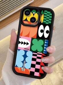 1pc Fashionable Patched Pattern Thick Anti-Slip Sand Protective Phone Case Compatible With Apple///Compatible With Redmi/Compatible With Infinix/Compatible With Vivo - Black - View 1