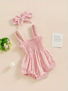 Conjunto de 2 piezas de verano para niñas, mono sin mangas con volantes y tirantes fruncidos con diadema - Rosa - Ver 3