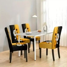2/4/6pcs Black And Yellow Stretchable Chair Covers, Classic Daisy Print Pattern Polyester Removable Washable High Elastic Chair Cover, For Home, Office, Restaurant, Banquet Decoration - Multifunctional Furniture Protector - Multicolor - View 7