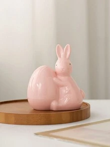 1 Peça Estatueta Cerâmica de Coelho Segurando Ovo, Branco/Rosa, Estilo Minimalista Fofo, Decoração de Páscoa, Adequado para Mesa de Escritório, Casa, Cozinha, Quarto, Sala de Estar, Enfeite Festivo