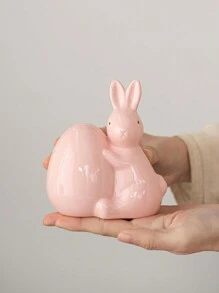 1 Peça Estatueta Cerâmica de Coelho Segurando Ovo, Branco/Rosa, Estilo Minimalista Fofo, Decoração de Páscoa, Adequado para Mesa de Escritório, Casa, Cozinha, Quarto, Sala de Estar, Enfeite Festivo