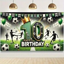 Pancarta de fiesta de cumpleaños con tema de futbol - Decoración versátil de poliéster, adecuada para celebraciones deportivas y como fondo de fotografía - Verde militar - Ver 4