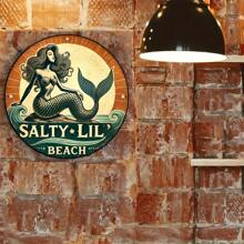 Cartel decorativo de pared con diseño de sirena - Grabado en hoja de aluminio, placa redonda vintage "Salty Lil' Beach", decoración temática náutica para bar/cafetería/hogar, regalo perfecto para entretenimiento de amigos y familiares, aluminio, 7.87x7.87 pulgadas - 1 pieza