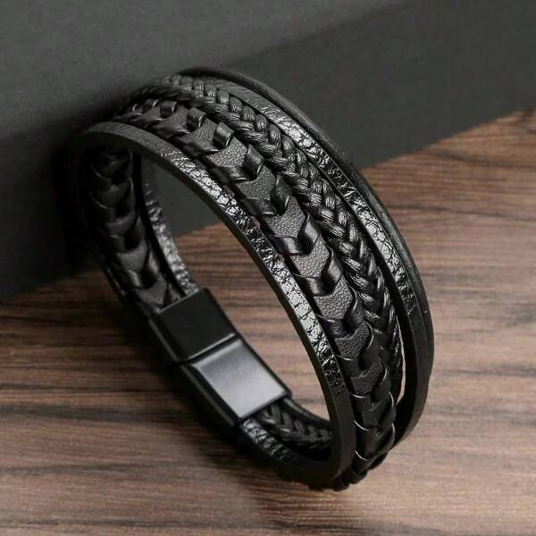 1 pieza Accesorio de moda para hombre, brazalete trenzado de cuerda retro con hebilla magnética de aleación multicapa, pulsera de moda
