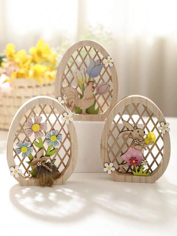 1 pezzo Decorazione pasquale in legno, raffigurante conigli e motivi floreali, corona artigianale da tavolo, ideale per primavera e celebrazioni pasquali, perfetta decorazione domestica per le festività, regalo di Pasqua unico, ornamenti a forma di coniglio e uovo