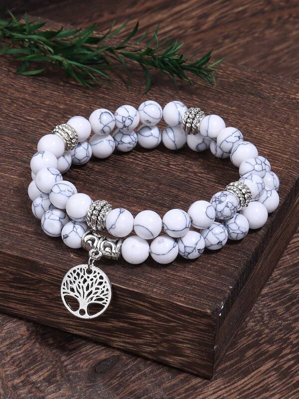 2pcs Vintage Natural Stone Beaded Yoga Meditation Bracelet Tree Of Life Double Layer Bracelet For Men And Women Daily Wear