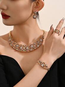 4pcs Colorful Zirconia Stone Jewelry Set For Women, Including Necklace, Earrings, Bracelet, And Ring, Exaggerated Statement Set, Suitable For Bridal, Wedding, Party, Mother's Day, Teacher's Day, Valentine's Day, Back To School Gifts