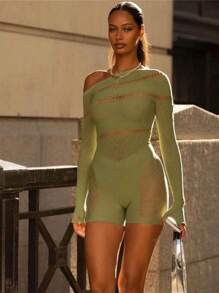 情趣内衣高针加厚女士性感连衣裙欧美斜肩长袖网纱上衣美甲钻连体衣大码 - 青綠色 - 查看 3