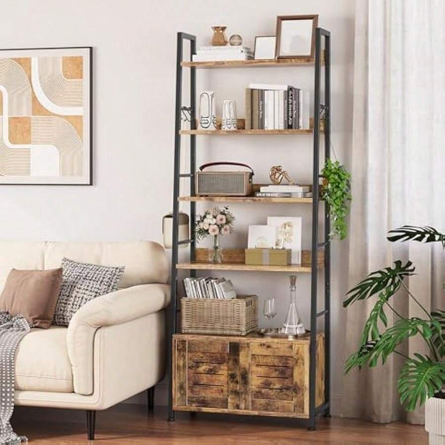 YITAHOME Bookcase Floorstanding Ladder Shelf With Cupboard Industrial ...