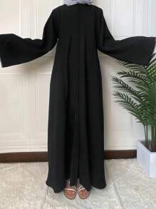 Lace Trim Crew Neck Kaftan Dress, Elegant Long Sleeve MinimalistLoose Fit Maxi Dress, Women's Clothing - Black - View 5