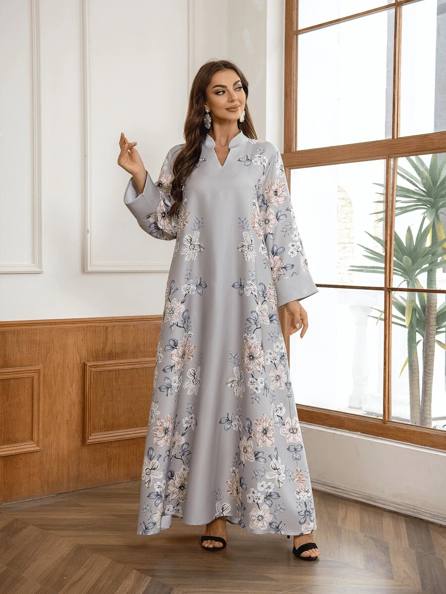 Abaya Dress, Round Collar, V-Neck, All-Over Print, Thick & Soft 4-Way Stretch Fabric, Flashing Embellishments, Beaded Chest, Elegant & Luxurious, Suitable For All Seasons, Modest Kaftan