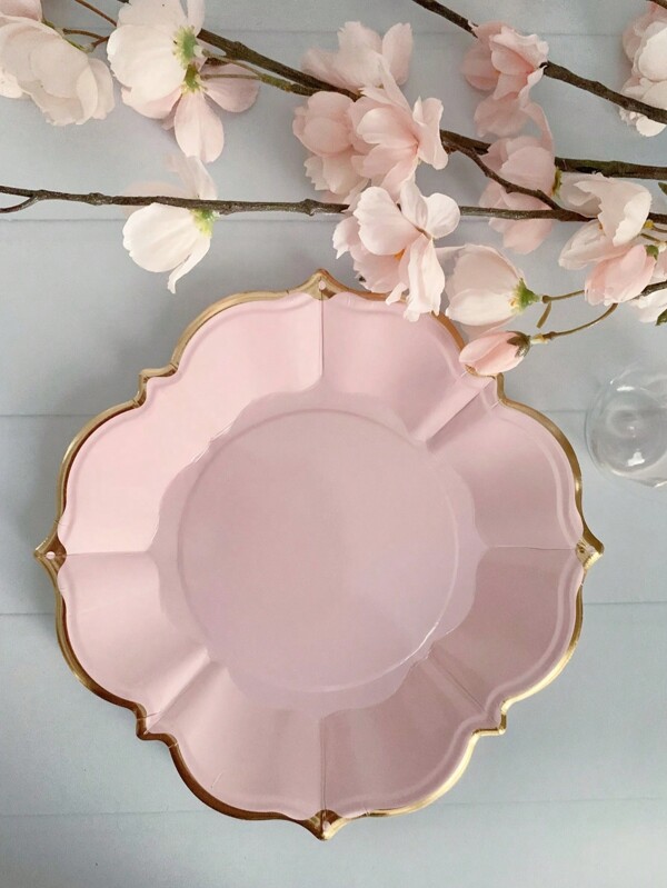Paquete de 10 Piezas/30 Piezas Platos de fiesta de papel rosa con borde festoneado de lámina dorada para cumpleaños y bodas (9 pulgadas)