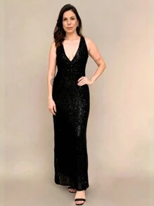 Vestido Longo Feminino de Festa Paete Preto Elegante Formatura - Preto - Visão 3