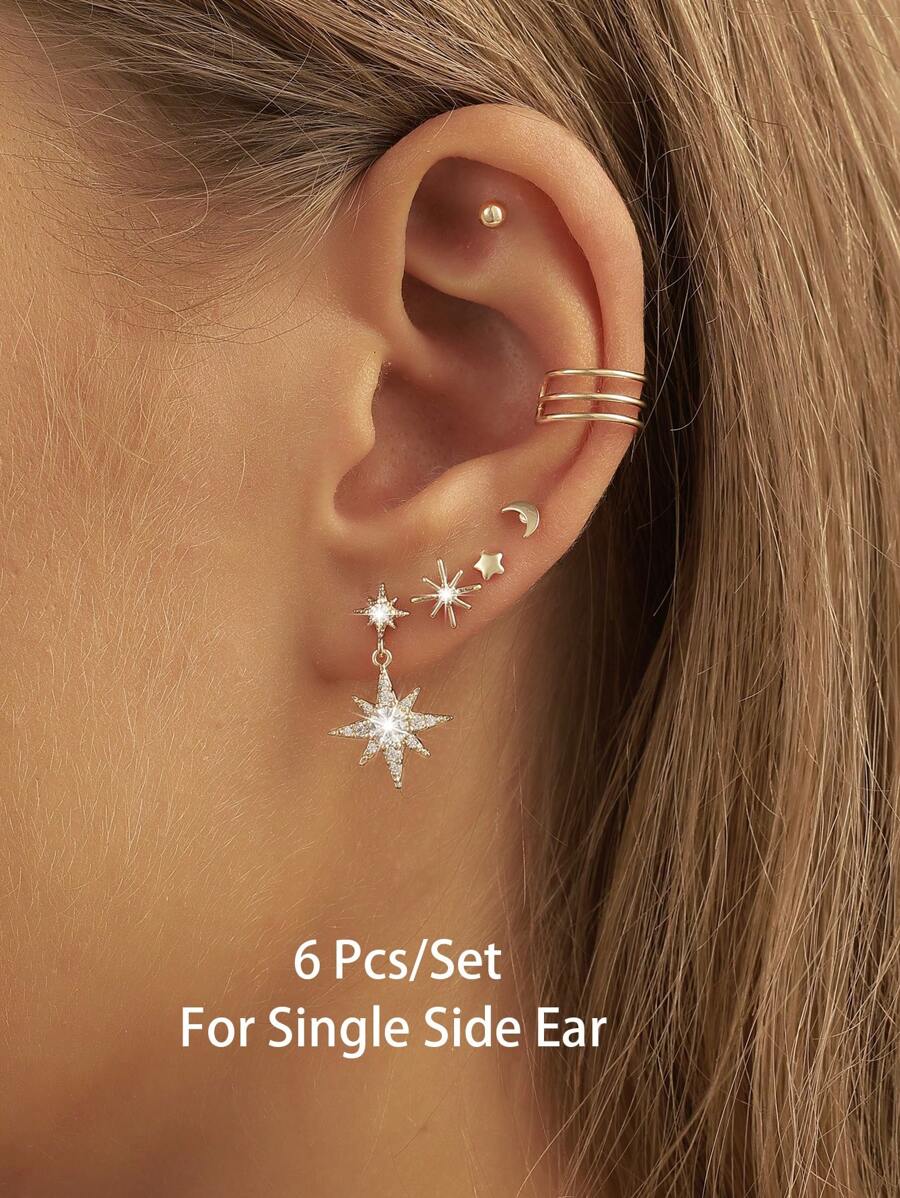6 Pairs Golden Color Star Moon Stud Earrings Set Luxurious Zirconia Crystal Starlight Earring Metal Wire Cuff Earring Stacked Earrings Pack For Single Side Ear Women Y2K Jewelry