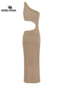 性感单肩钩针紧身连衣裙针织裹身镂空夏季 2025 沙滩装罩衫 - 卡其色 - 查看 3