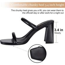 Athlefit Stylish Women's Square Open Toe Two Strap Heeled Sandals Slip On Block Chunky Heels Sandals - màu đen - Xem 2