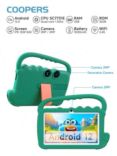 Coopers AT70K Kids Tablet 7 Inch Toddler Tablet, Android 12/SC7731E 4-Core 1.3Ghz/2GB RAM 32GB ROM/2.4G WiFi/BT/HD IPS Screen/2MP+2MP Dual Camera/3000mAh/Parental Control/For Kids Toddlers, Puzzle Video Games/With Shockproof Case(No Adapter)