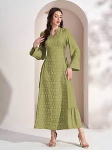 Women's Printed Minimalist Everyday Arabic Style Dress, Women's Solid Color Radish Print Patchwork Elegant Long Cinched Waist Waist Dress, Ribbon Patchwork Long Sleeve Dress, Suitable For Everyday, Dates, And Multiple Occasions - Kiwi Color - View 1