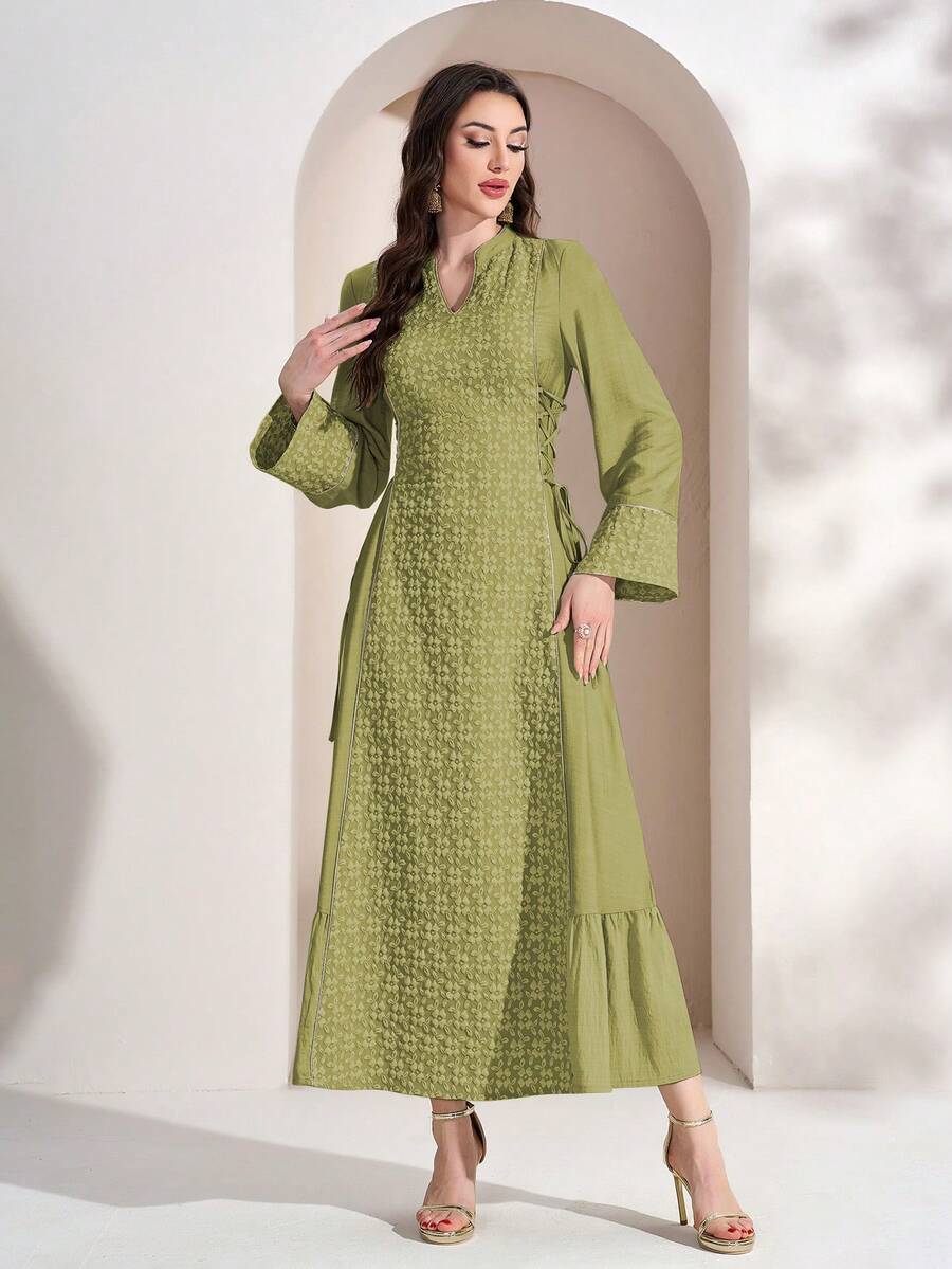 Women's Printed Minimalist Everyday Arabic Style Dress, Women's Solid Color Radish Print Patchwork Elegant Long Cinched Waist Waist Dress, Ribbon Patchwork Long Sleeve Dress, Suitable For Everyday, Dates, And Multiple Occasions - Kiwi Color - View 1