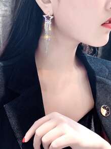1pair Vintage Gemstone Elegant Sparkling Silver Color Crystal Tassel Earrings For Women Geometric Hanging Drop Party Wedding Jewelry