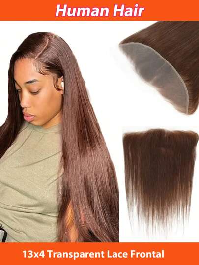 13x4 Transparent Lace Frontal Chocolate Brown Color Brazilian Straight Frontal Closure Human Hair Unprocessed Virgin Ear To Ear Lace Frontal Human Hair Pre Plucked With Baby Hair #4 Color