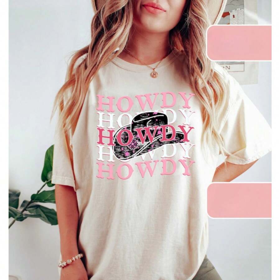 Camiseta tipo rodeo "Howdy" en rosa, camiseta inspirada en el estilo vintage, camiseta con gráfico western, camiseta retro, camiseta teñida en prenda de Comfort Colors, estilo bohemio, camiseta vintage para uso diario para mujer y niña - Blanco - Ver 1