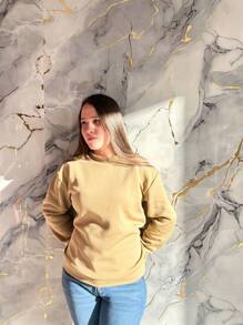 SUDADERA HODDIE AFELPADA UNICOLOR HOMBRE MUJER UNISEX CUELLO REDONDO LISA SIN BOLSILLO NI CANGURO DELANTERO - Camel - Ver 2