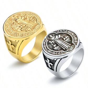 1 pieza Nuevo anillo popular para hombres de acero inoxidable bañado en oro con etiqueta de exorcismo de acero de titanio, joyería de acero inoxidable